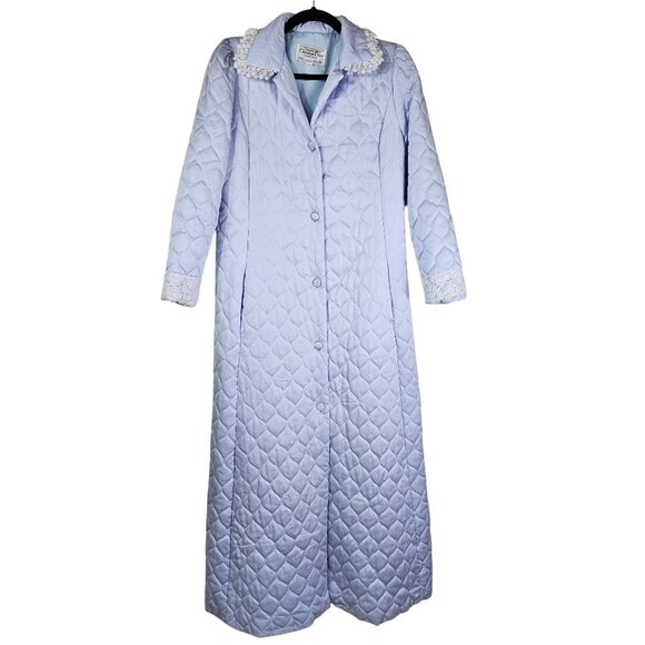 Vintage Christian Dior Satin Quilted Blue Lace Robe M Petite Button Up Pockets - Picture 1 of 11